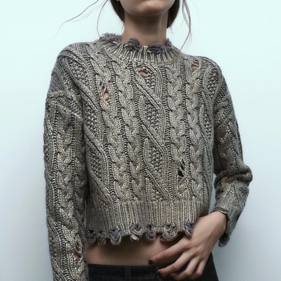 Zara Sweaters - NWOT Zara Distressed Gold Metallic and Gray Cable Knit Sweater